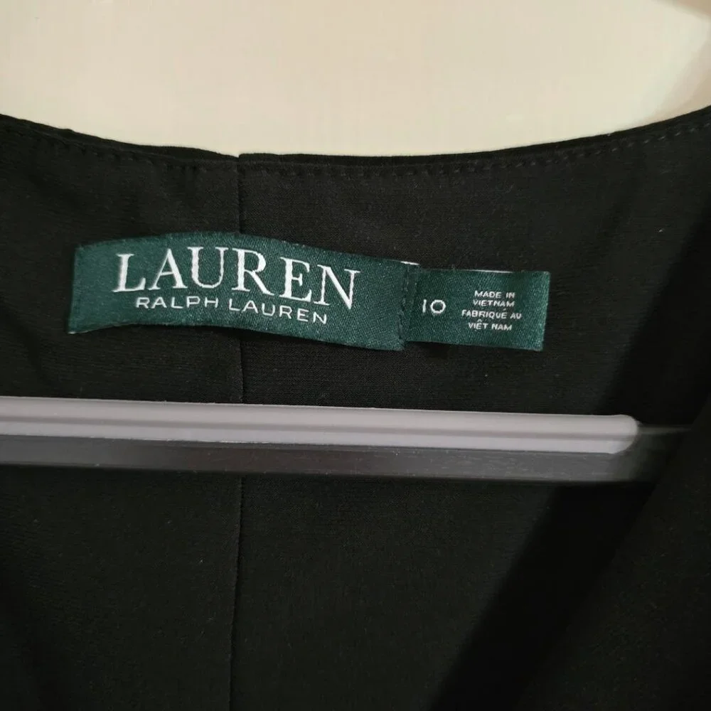 10 Lauren Ralph Lauren Black Rushed Faux Wrap Lined Cap Sleeve Dress